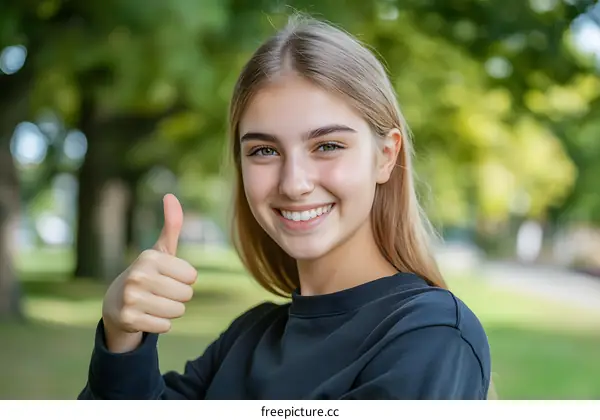 Smiling Woman Giving Thumbs Up in a Park