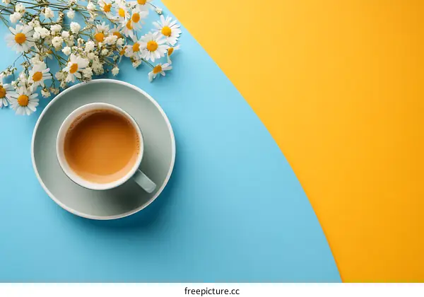Blue and Yellow Background with Coffee and Flowers