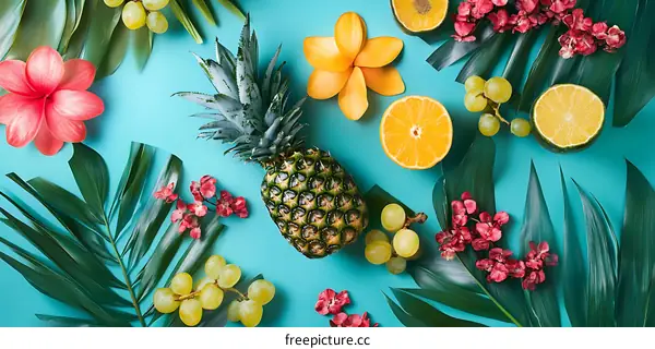 Tropical Fruits and Flowers on Blue Background