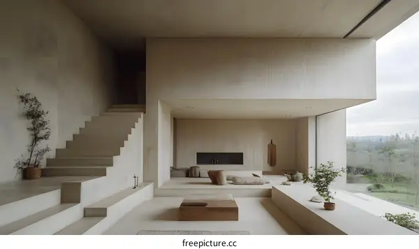 Minimalist Concrete Interior Design with Large Window and Staircase