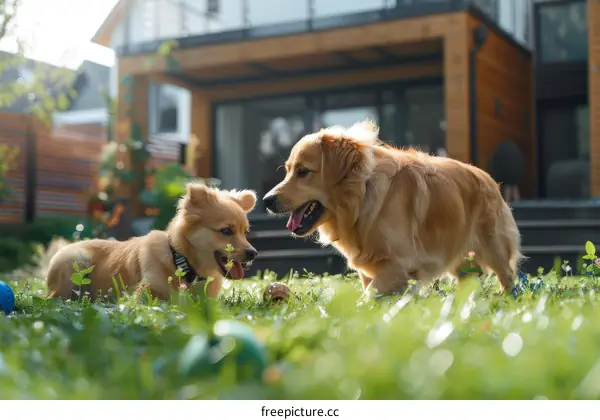Golden Retrievers Playing in the Backyard
