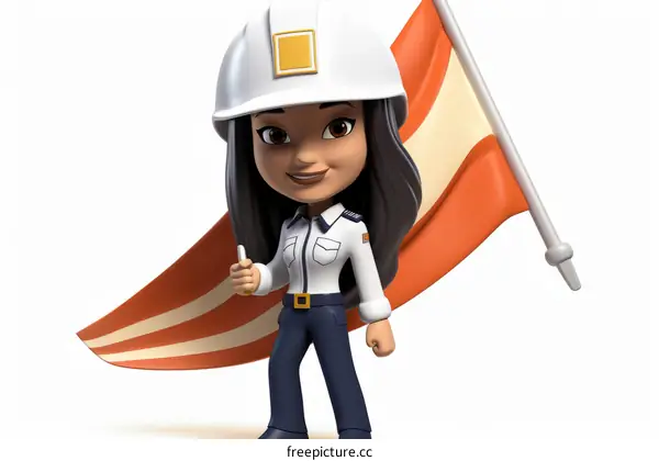 A 3D illustration of a female construction worker holding a flag