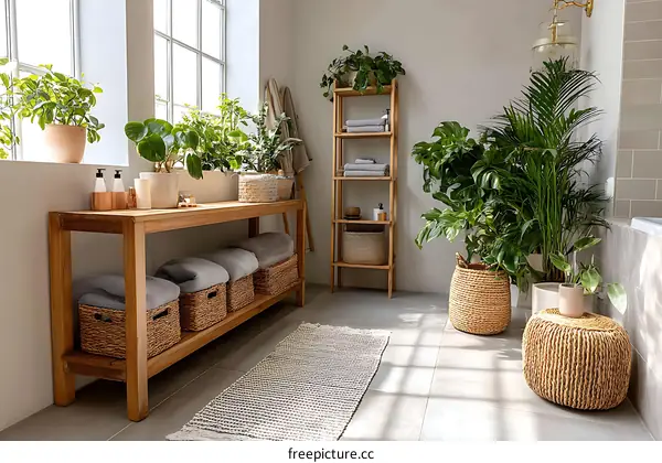 Modern Bathroom with Lush Greenery and Wooden Furniture