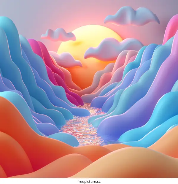 Surreal sunset in a canyon with a river flowing through it