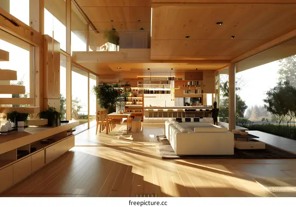 The wooden house is full of sunlight