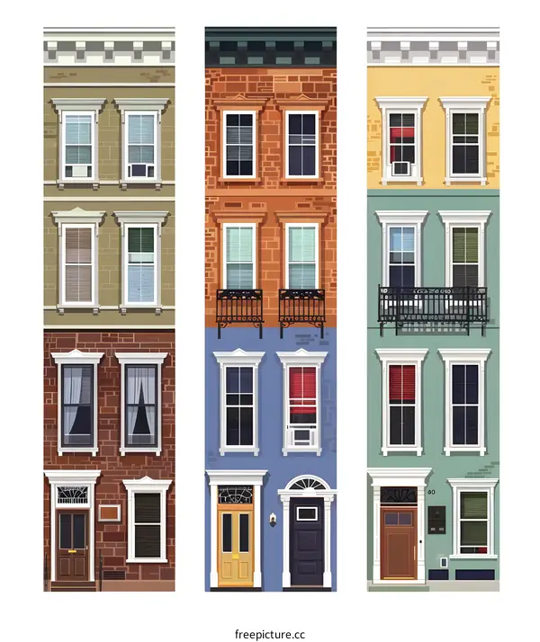 Three Colorful Row Houses in a City
