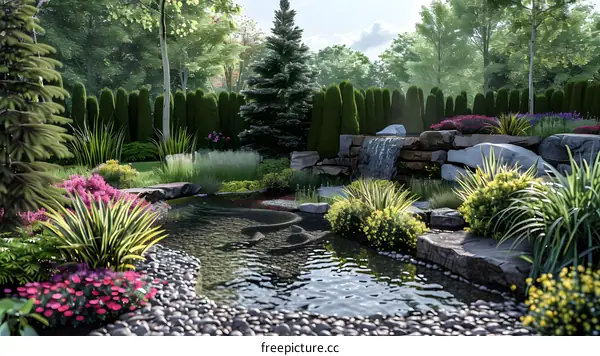 A beautiful garden with a waterfall and a pond