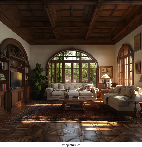 Luxury Living Room with Large Arched Windows and Wooden Ceiling