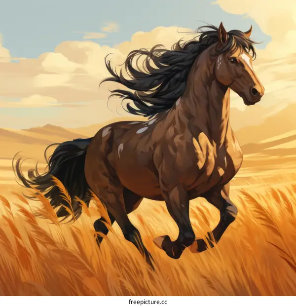 A Horse Running in a Wheat Field