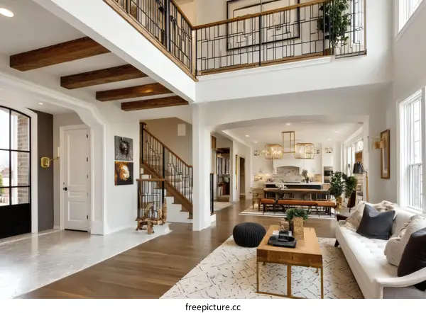 Open Concept Home with Wooden Beams