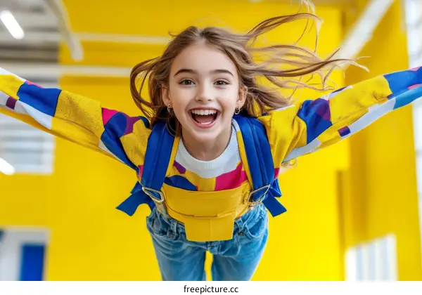 Cheerful Girl in Colorful Outfit against Yellow Background