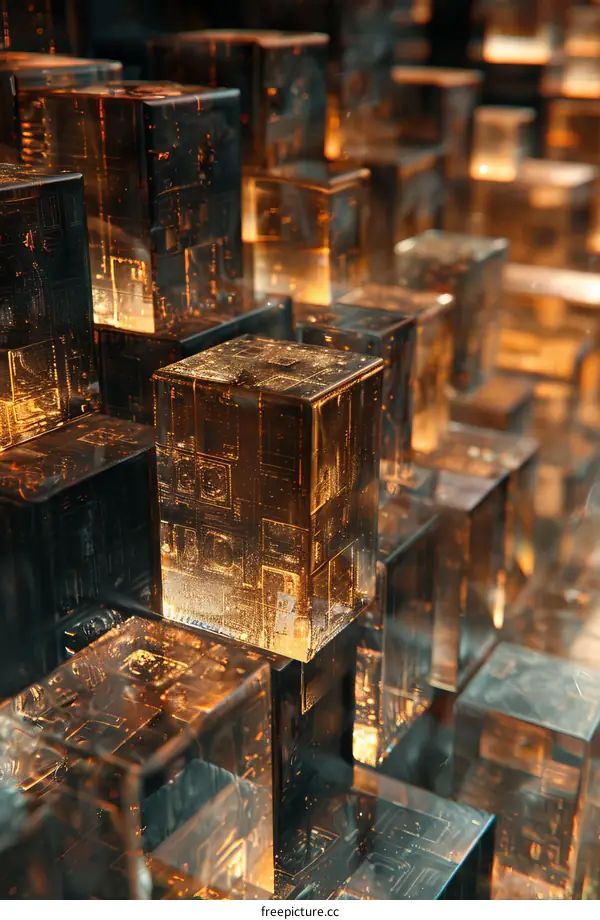 Abstract 3D Rendering of Glowing Cubes