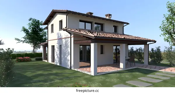 Modern White House with Red Roof and Patio