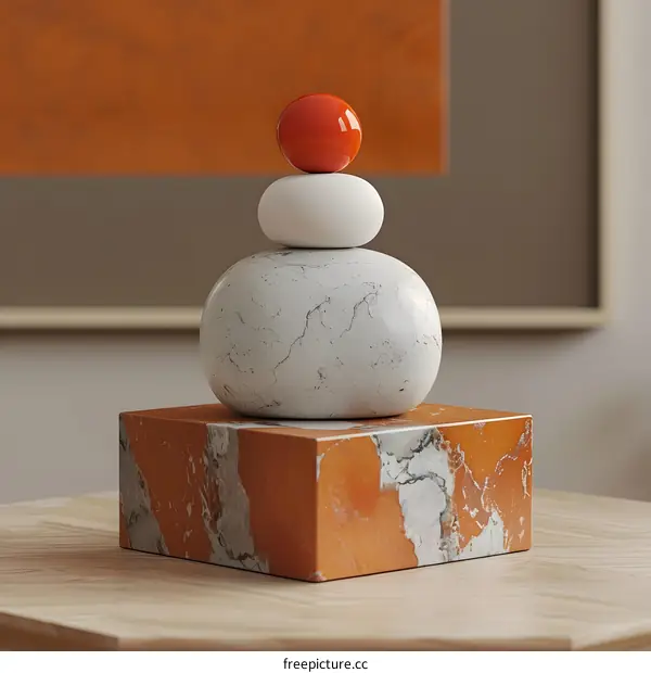 Abstract Still Life with Stacked Stones and Red Sphere
