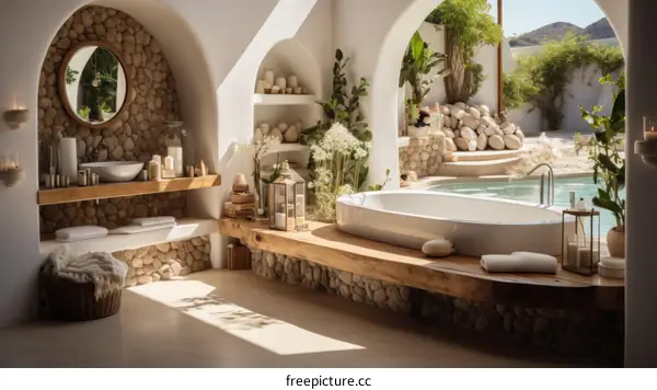 Modern bathroom with natural elements and a view of the pool