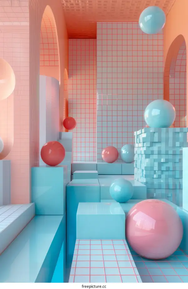 Pastel Pink and Blue 3D Abstract Art with Floating Spheres
