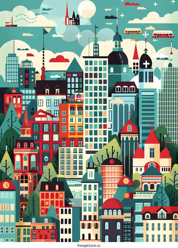 Colorful Cityscape Illustration With Buildings And Sky