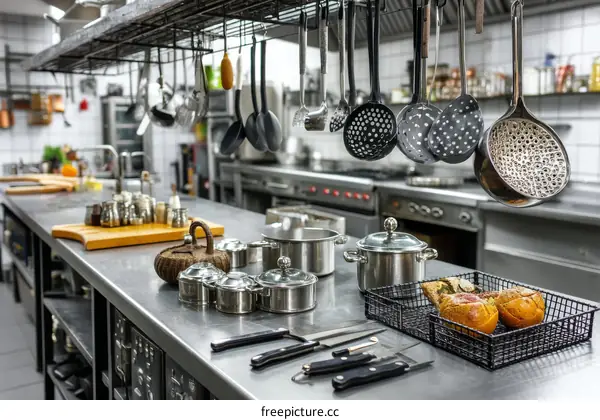 Professional Kitchen Equipment and Utensils in a Commercial Kitchen