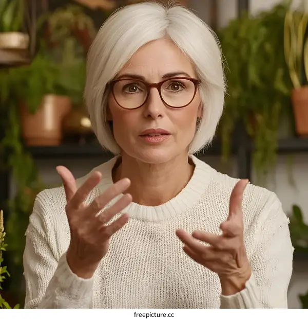 Portrait of a Mature Woman with Short Gray Hair and Glasses Talking