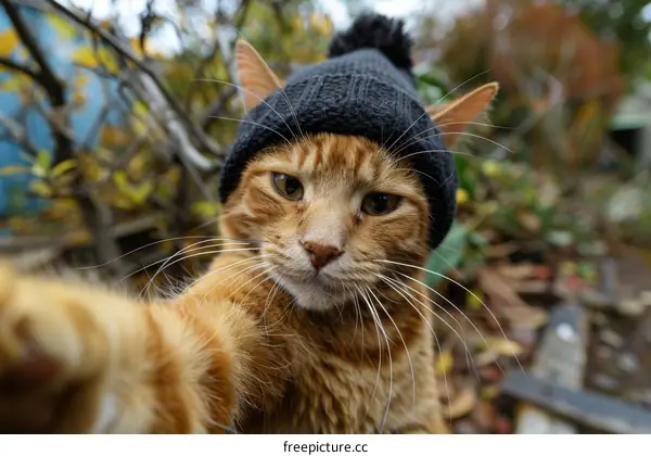 ginger cat wearing black beanie takes selfie