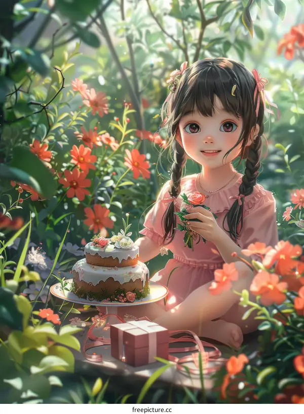 Cute Little Girl Birthday Party in Garden with Flowers