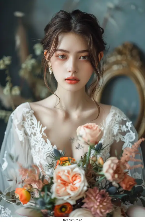 Elegant Asian Woman with a Stunning Floral Bouquet