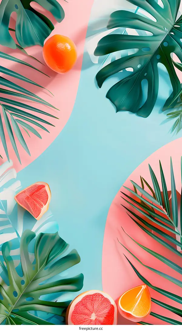 Tropical Fruit Summer Background With Pink And Blue Colors