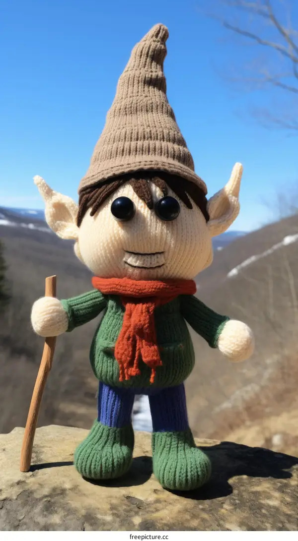 Knitted Elf Doll on Mountain Rock with Walking Stick
