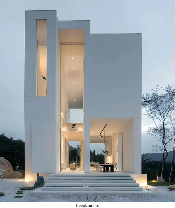 Modern Minimalist White House Architecture With Large Windows And Outdoor Steps