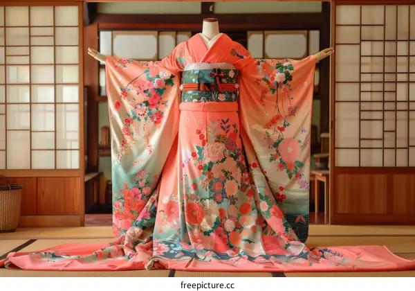 Traditional Japanese Kimono With Floral Pattern On Display