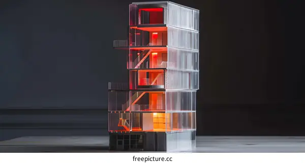 Architectural Model of a Modern Building with Glass and Red Lighting