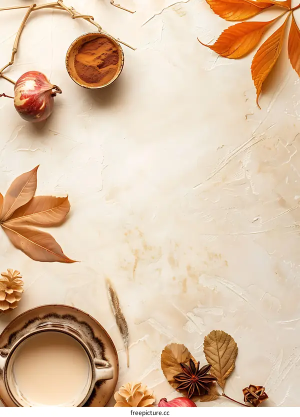 Autumn Leaves and  Spice  on Beige Background