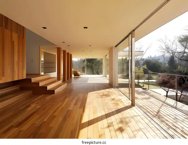 Modern House Interior With Wooden Floor And Large Windows