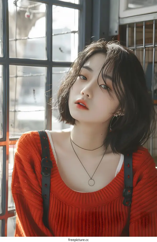 Young Asian Woman in Red Sweater Looking Through Window