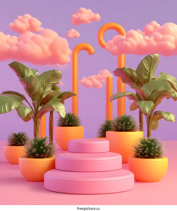 3D Rendering of Pink Stage with Green Plants and Orange Clouds