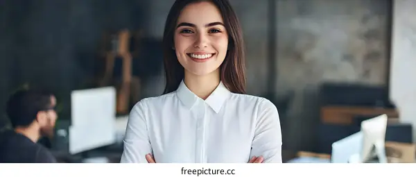 Smiling Businesswoman Standing in Office with Arms Crossed
