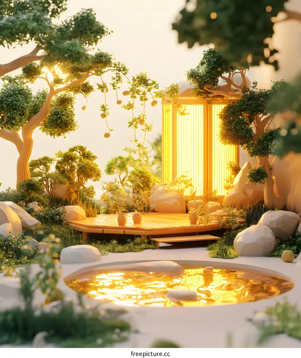 Minimalist Japanese Zen Garden With Pond And Bonsai Trees