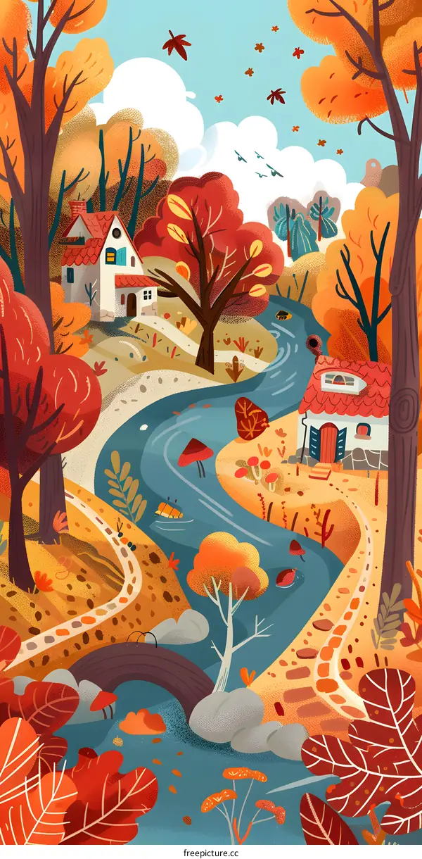 Autumn River Landscape Illustration with Houses and Bridge