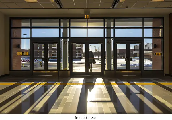 Modern Glass Doors in a Building Entrance with Sun Shining Through