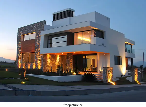 Modern Home with Stone Facade and Lighting