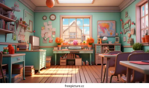 A classroom with map, globe, books, and flowers