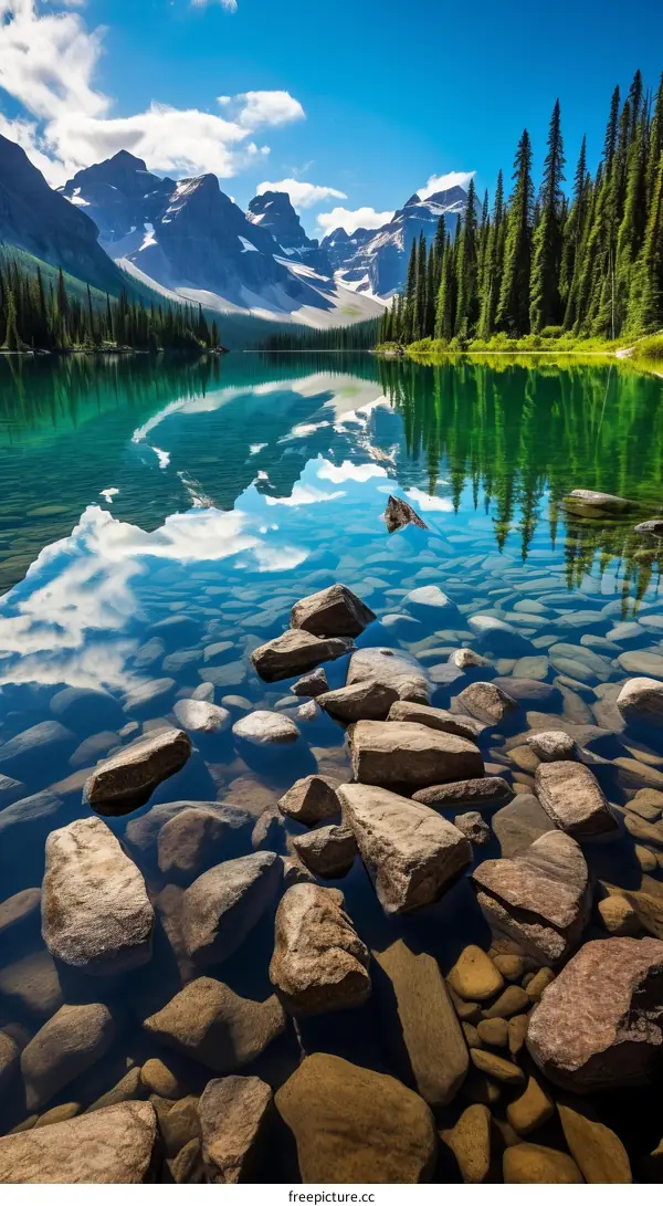 The crystal clear water of a mountain lake reflects the sky and the surrounding mountains