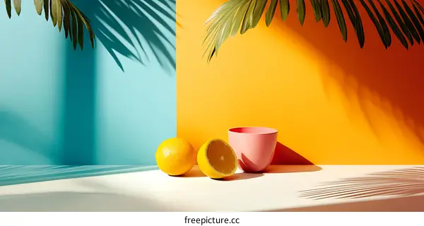 Tropical Summer Still Life with Lemons and Pink Cup on White Table