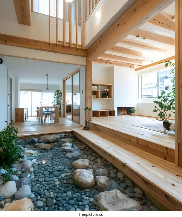 Modern Japanese Home Interior Design with Wooden Beams and Stone Stream