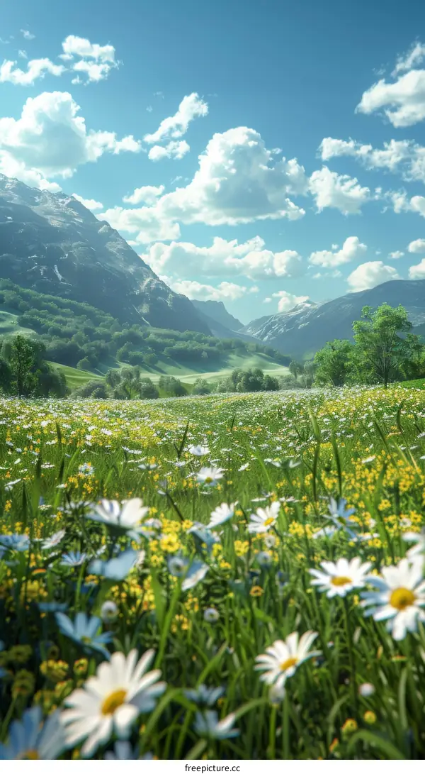 Field of daisies with mountains in the distance