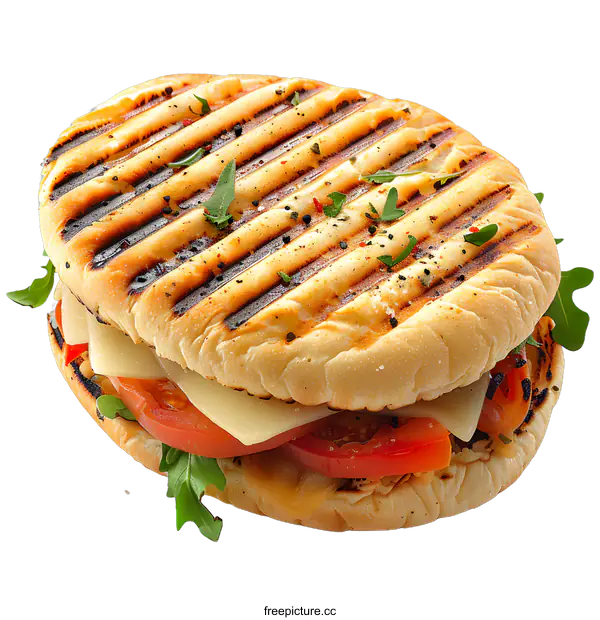 [Transparent Background PNG]A panini with cheese, tomato and rocket leaves on a white background