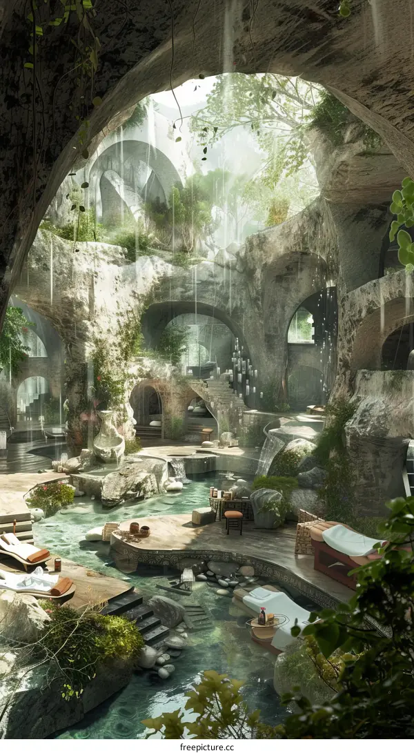 A magical underground spa with waterfalls and lush greenery