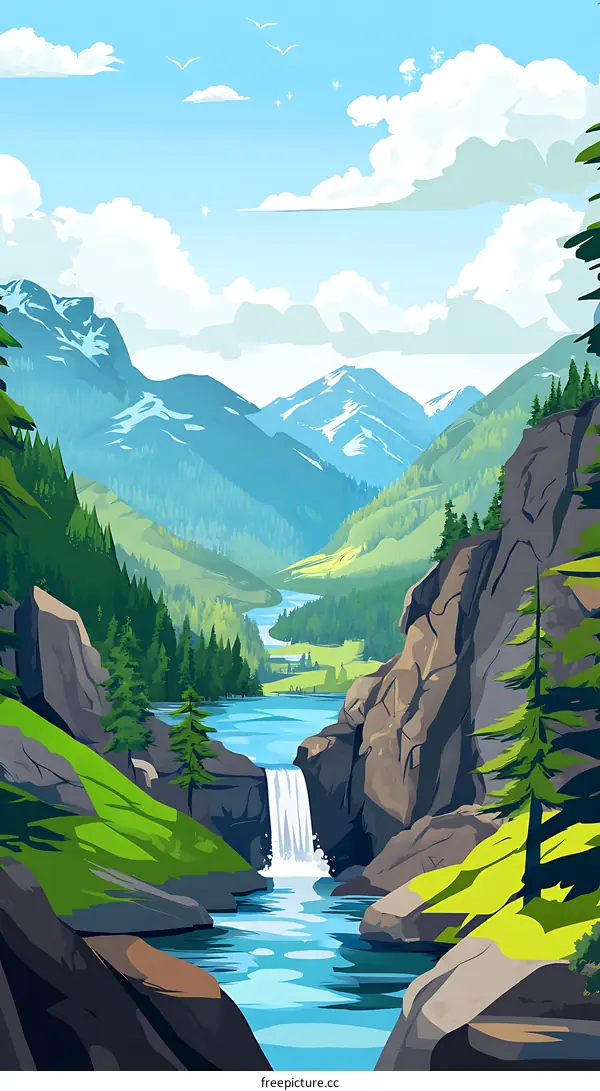 Mountain Landscape with Waterfall and River