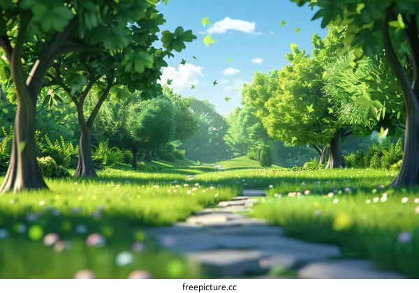 Mystical Forest Pathway with Vibrant Greenery and Flowers