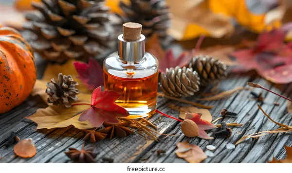 Autumn Essential Oil With Pine Cones And Leaves